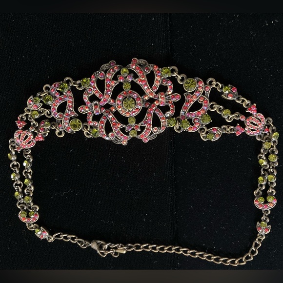 Retro style Art Deco choker. Peridot & Red stones Bronze finish 2”x1 3/4” centre - Picture 8 of 8